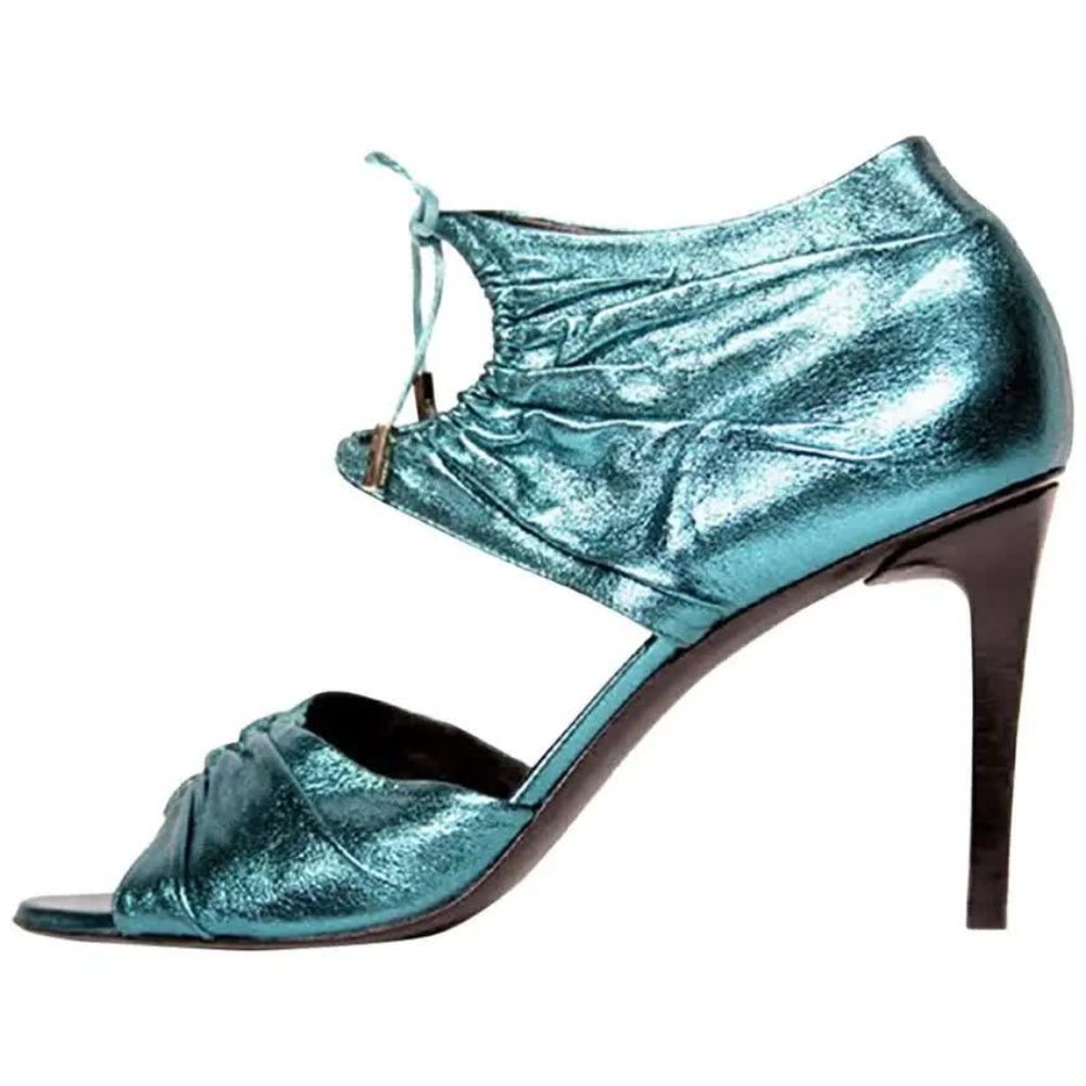 S/S 2004 Tom Ford for Gucci Teal lamé leather high heel shoes